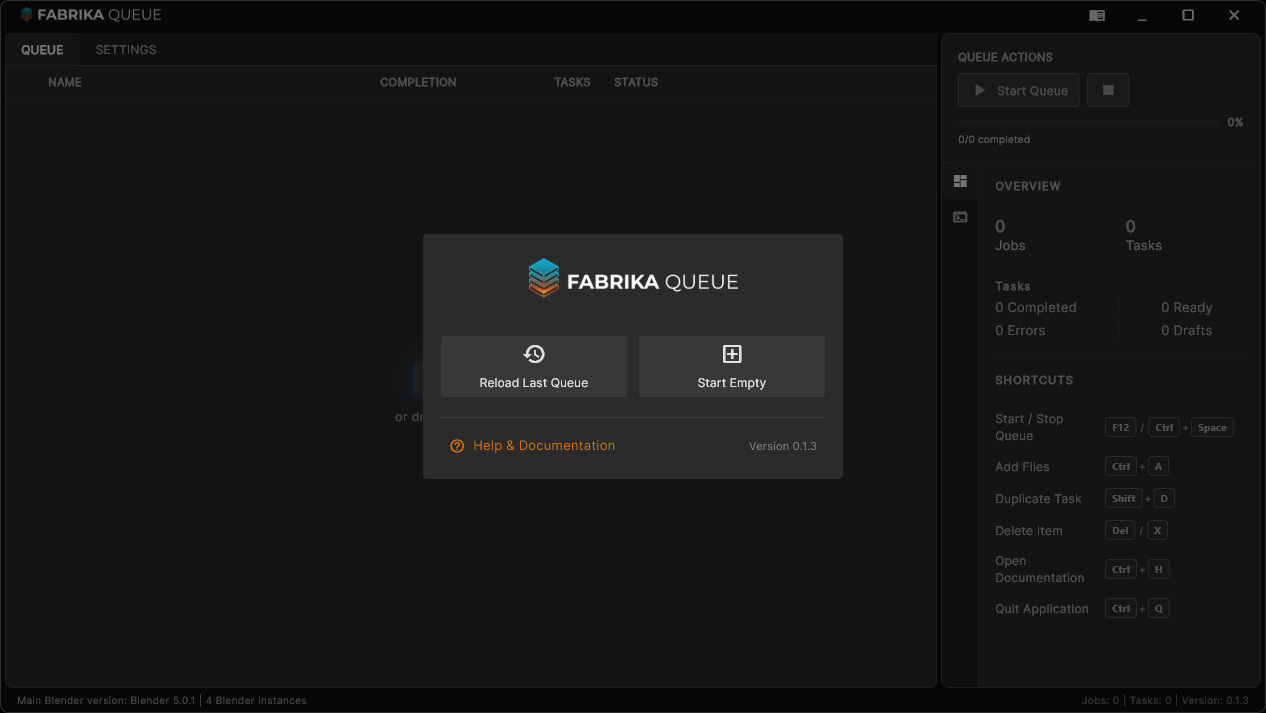 Main application interface showing the job queue and properties panel